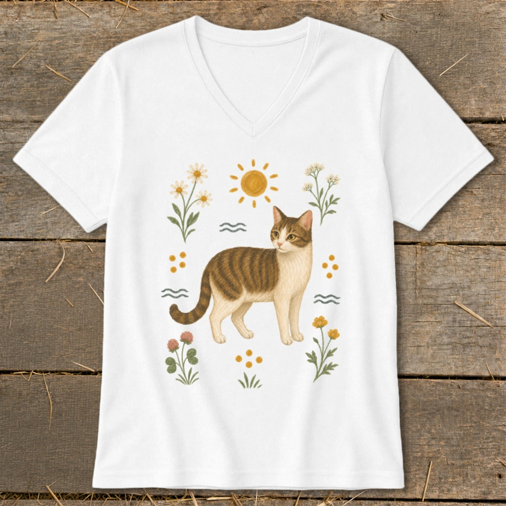 White v-neck t-shirt with brown tabby cat and floral illustration.