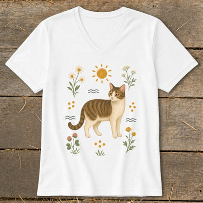 White v-neck t-shirt with brown tabby cat and floral illustration.