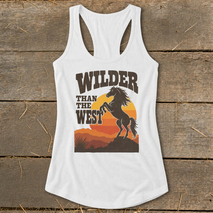 White tank top with "WILDER THAN THE WEST" text and a bucking horse.