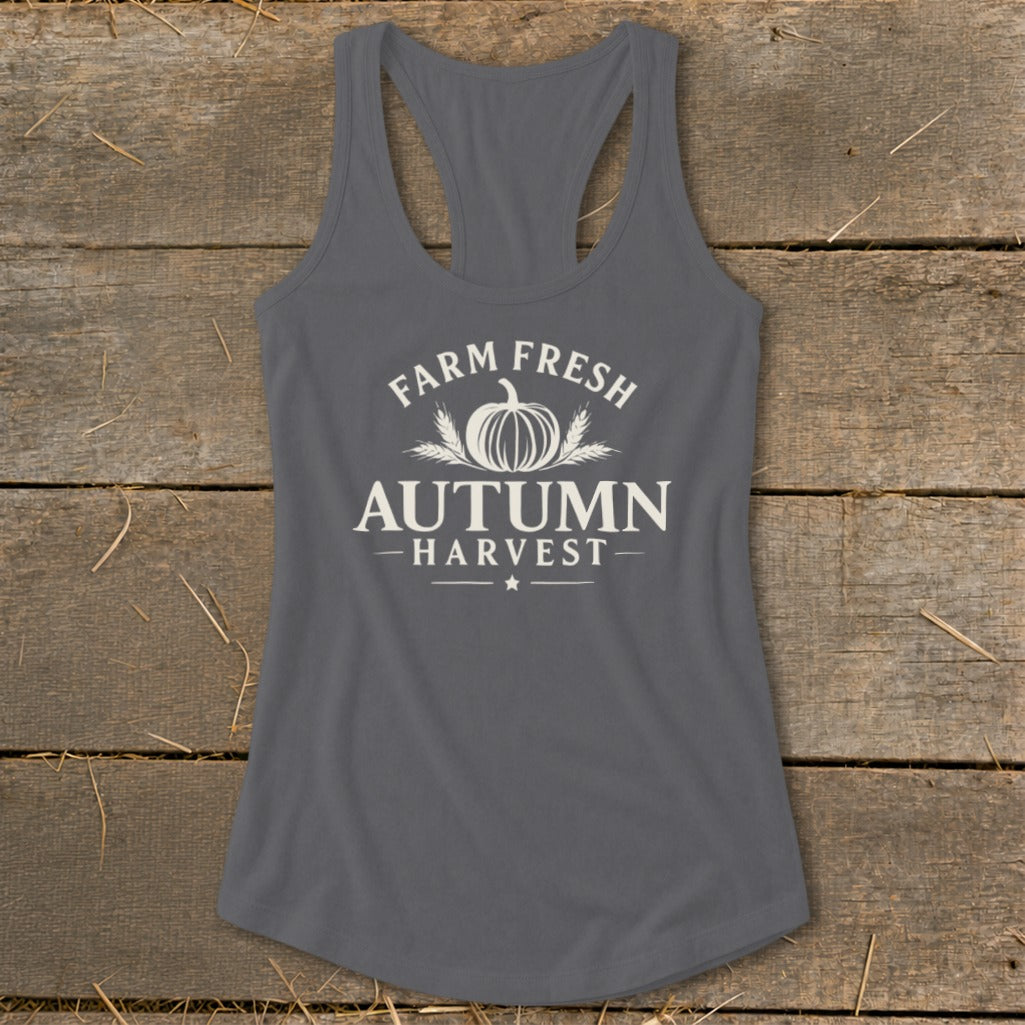 Grey tank top with "Farm Fresh Autumn Harvest" text and pumpkin graphic.