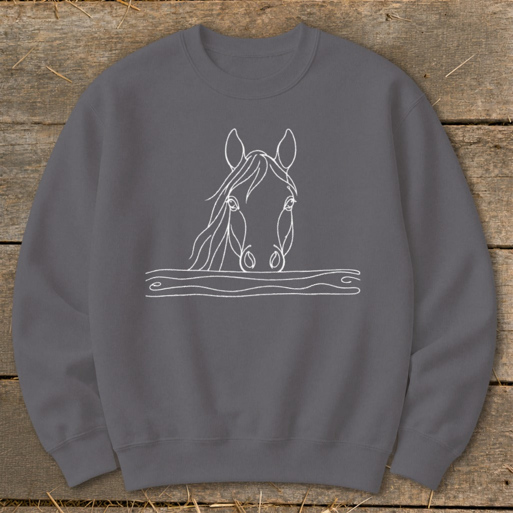 Dark gray sweatshirt with a white line drawing of a horse's head emerging from wavy lines.
