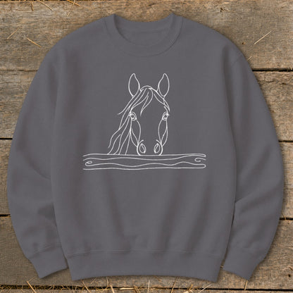 Dark gray sweatshirt with a white line drawing of a horse's head emerging from wavy lines.