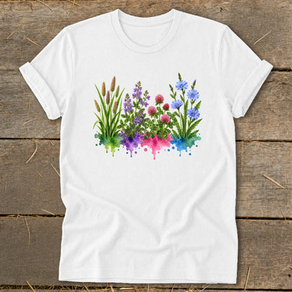 A white crewneck t-shirt lies flat on a wooden surface, featuring a colorful watercolor wildflower graphic on the chest.