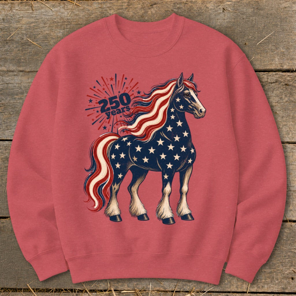 Horse with American flag stars and stripes, "250 years" text.