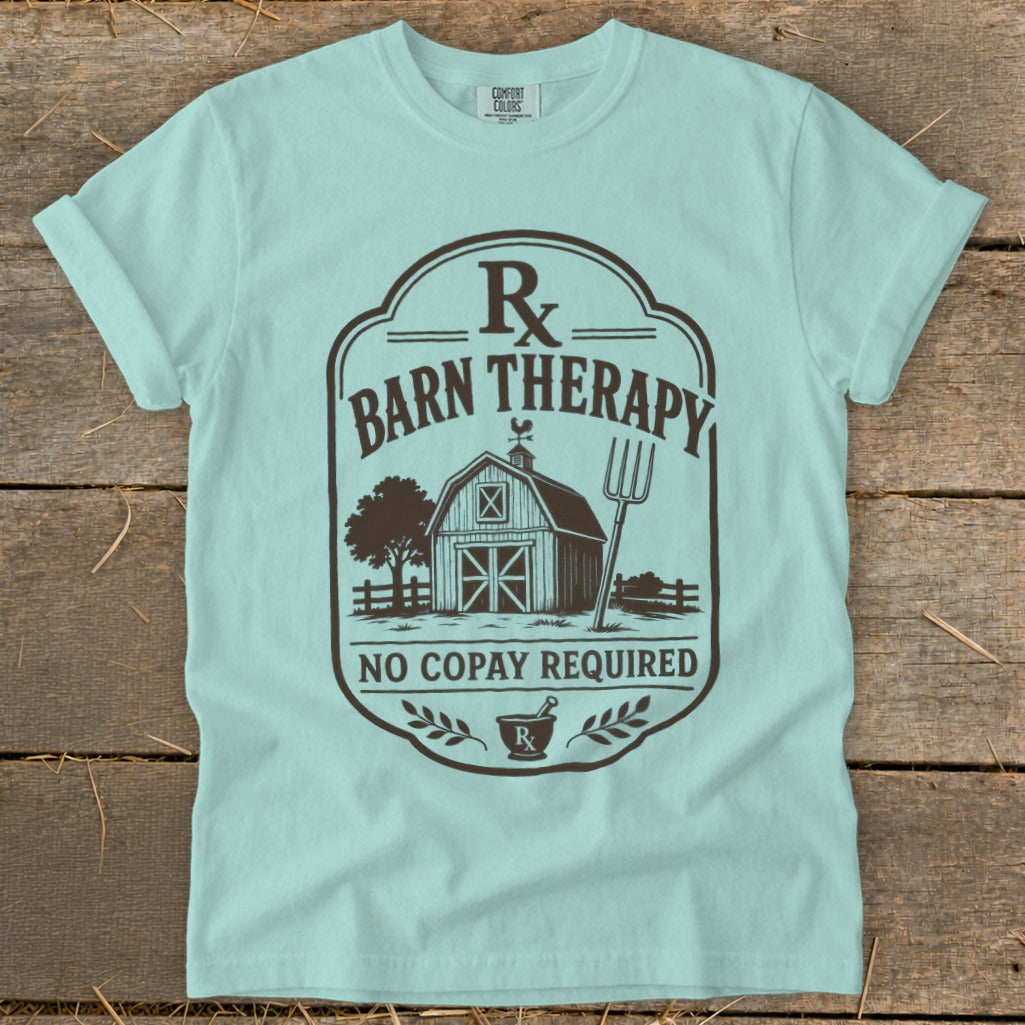 T-shirt graphic with text "Rx BARN THERAPY NO COPAY REQUIRED" and barn illustration.