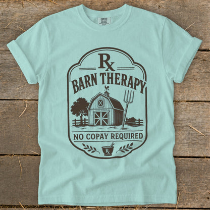 T-shirt graphic with text "Rx BARN THERAPY NO COPAY REQUIRED" and barn illustration.