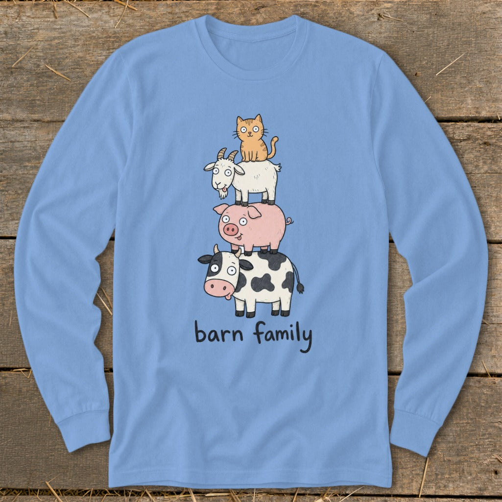 Light blue long-sleeve shirt with cartoon barn animals stacked and the words "barn family".