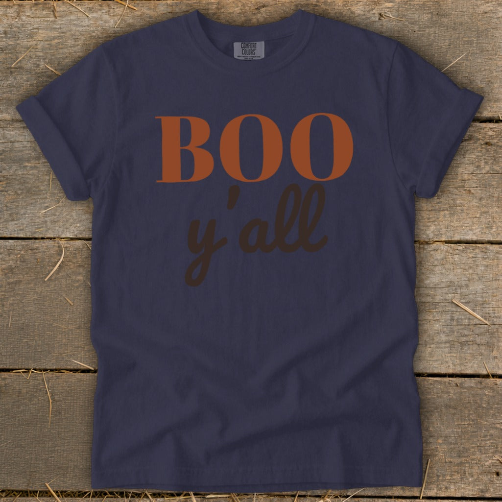 Navy t-shirt with "BOO y'all" text in orange and brown.