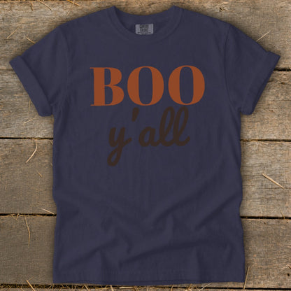 Navy t-shirt with "BOO y'all" text in orange and brown.