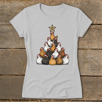 Light grey t-shirt with a Christmas tree made of chickens wearing Santa hats.