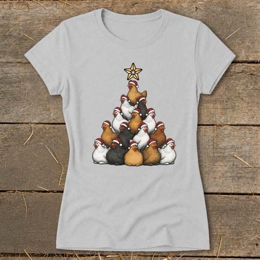 Light grey t-shirt with a Christmas tree made of chickens wearing Santa hats.