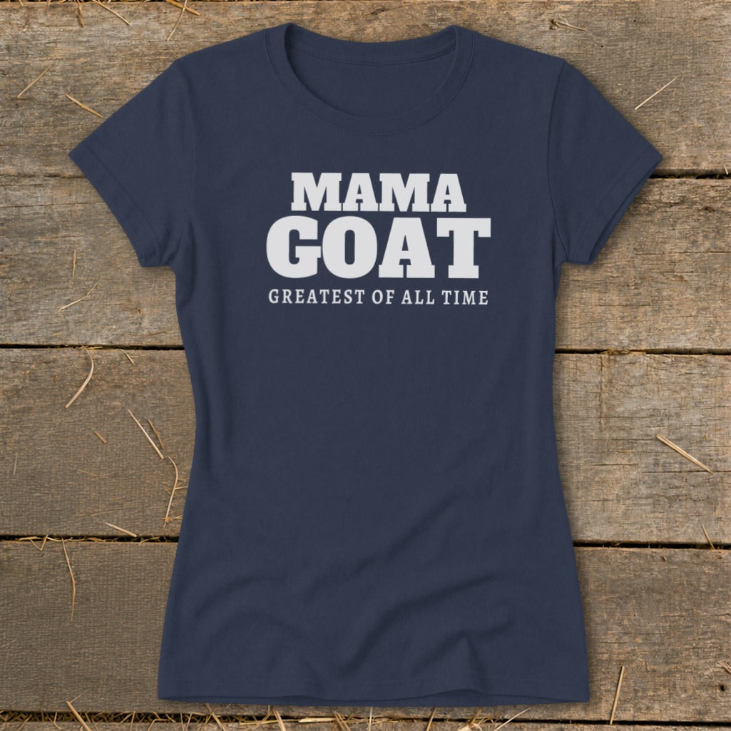 Navy t-shirt with white text "MAMA GOAT GREATEST OF ALL TIME".
