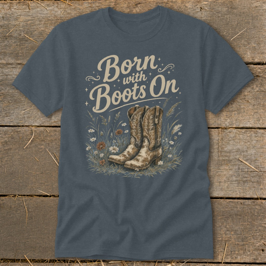 T-shirt with "Born with Boots On" text and cowboy boots in grass.