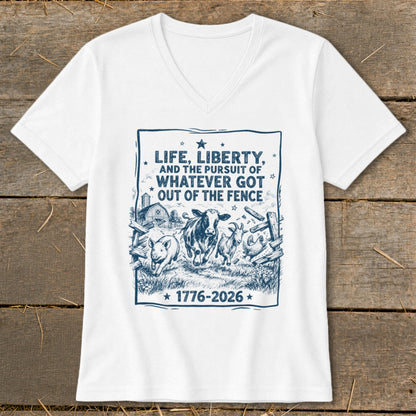 White t-shirt with graphic of farm animals and text "Life, Liberty, and the pursuit of whatever got out of the fence 1776-2026".