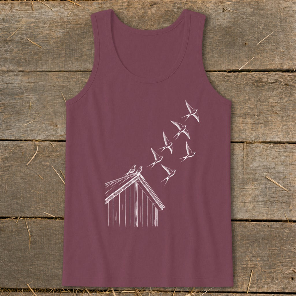 Maroon tank top featuring a white line drawing of birds flying from a small barn.