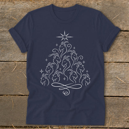 Navy t-shirt with a white line art graphic of goats arranged in a Christmas tree shape.