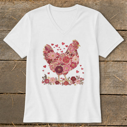 White v-neck t-shirt with a chicken graphic made of pink and red flowers and hearts.