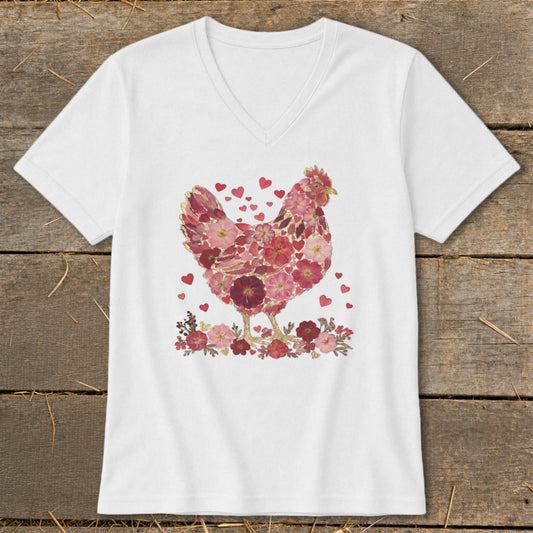 White v-neck t-shirt with a chicken graphic made of pink and red flowers and hearts.