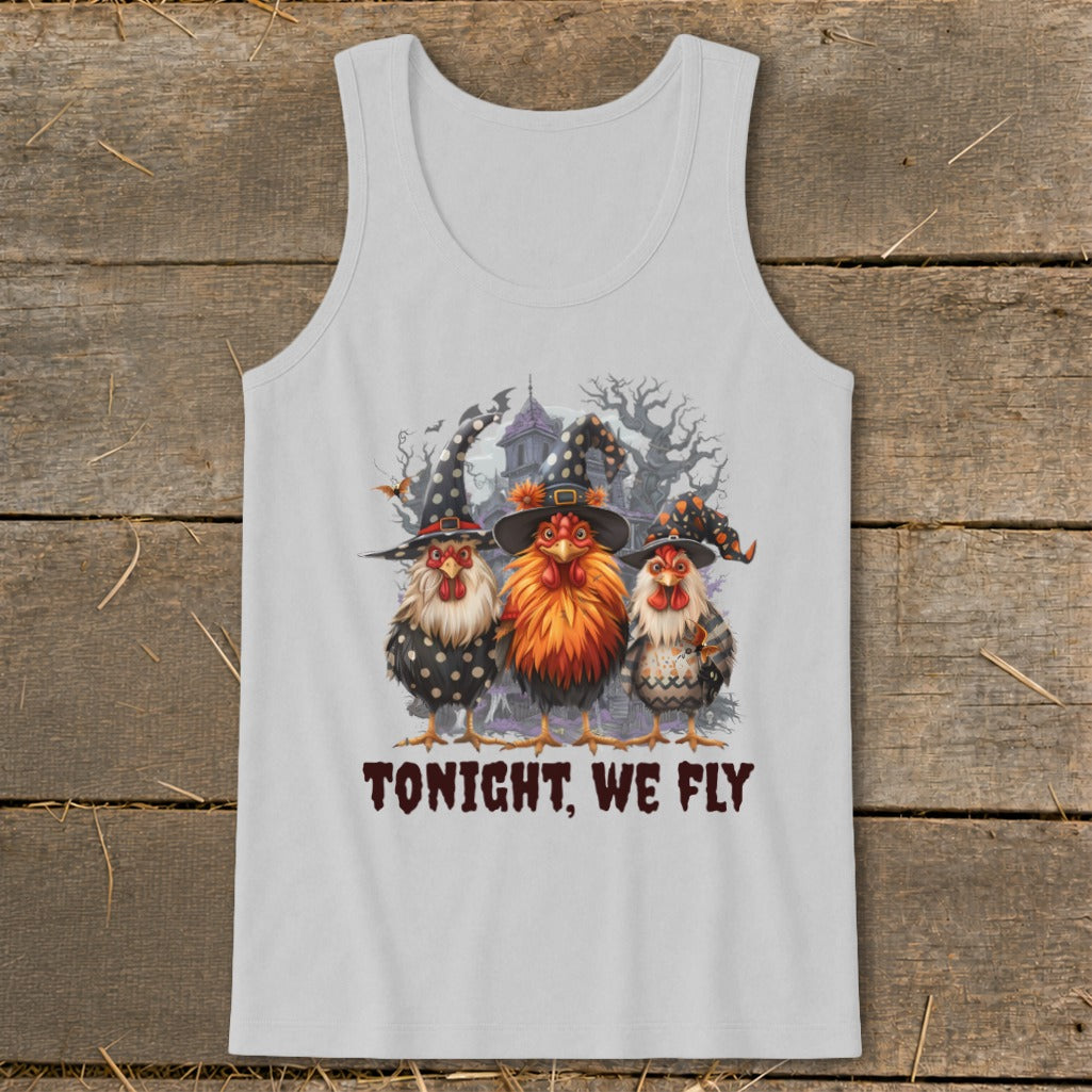 Three chickens in witch hats with a haunted house and trees, text "TONIGHT, WE FLY".
