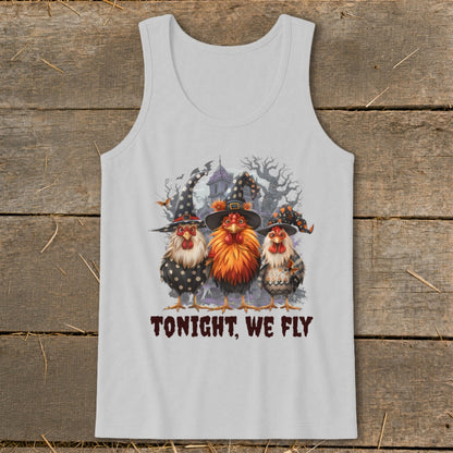 Three chickens in witch hats with a haunted house and trees, text "TONIGHT, WE FLY".