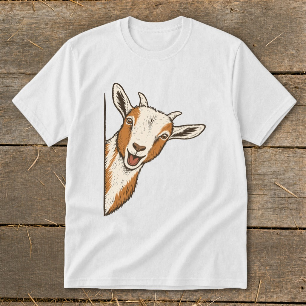 White t-shirt with a drawing of a smiling goat peeking from the side.