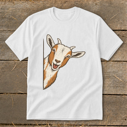 White t-shirt with a drawing of a smiling goat peeking from the side.