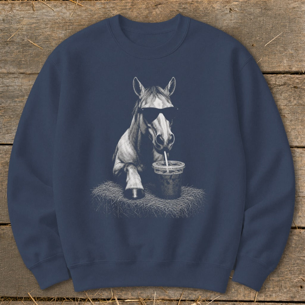 Sweatshirt with a drawing of a horse wearing sunglasses and drinking a beverage.
