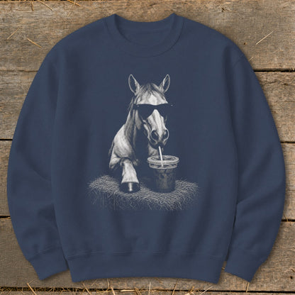 Sweatshirt with a drawing of a horse wearing sunglasses and drinking a beverage.