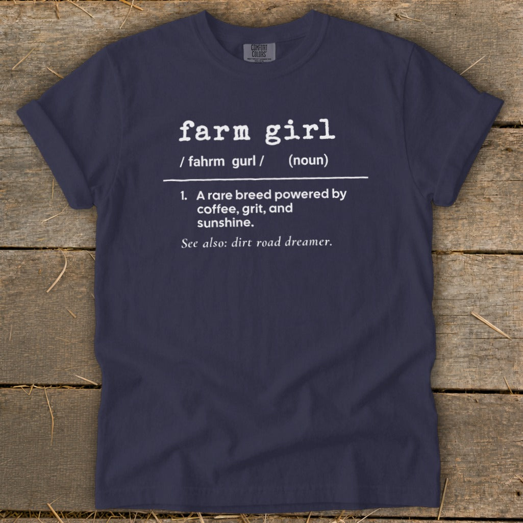 Navy t-shirt with "farm girl" definition printed in white.