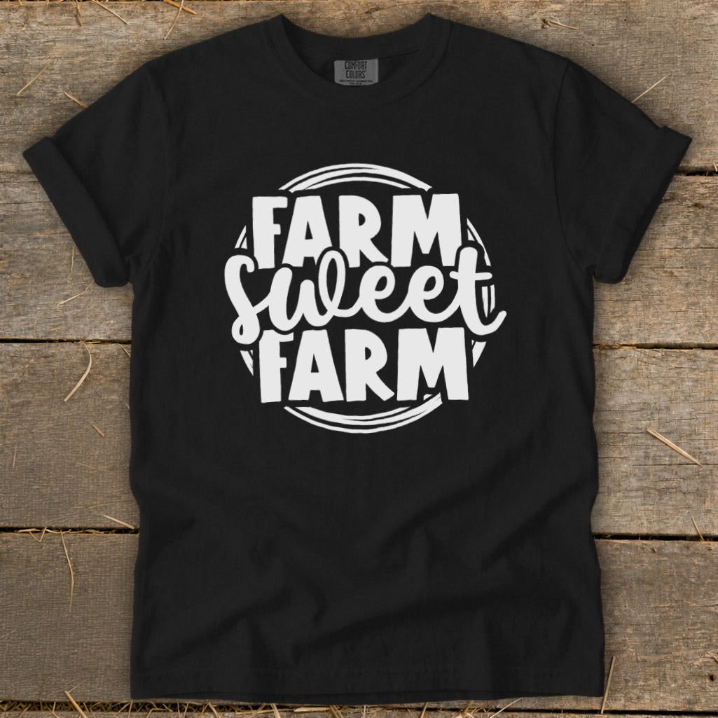 Black t-shirt with white text "Farm Sweet Farm" in a circular design.