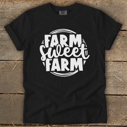 Black t-shirt with white text "Farm Sweet Farm" in a circular design.