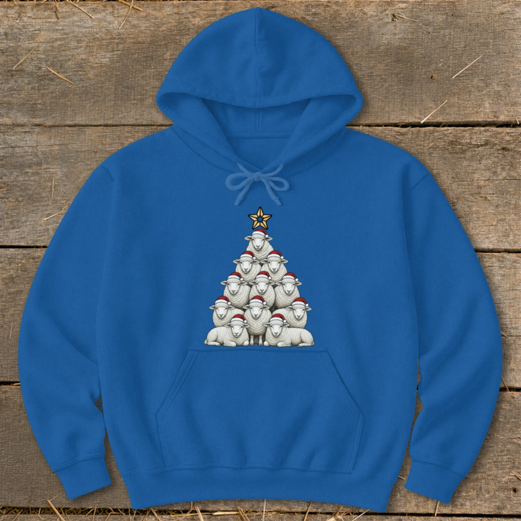 Royal blue hoodie with a Christmas tree made of sheep wearing Santa hats.