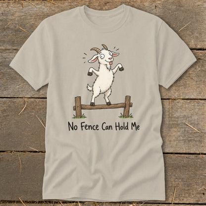 Light tan t-shirt with cartoon goat standing on fence, text "No Fence Can Hold Me".