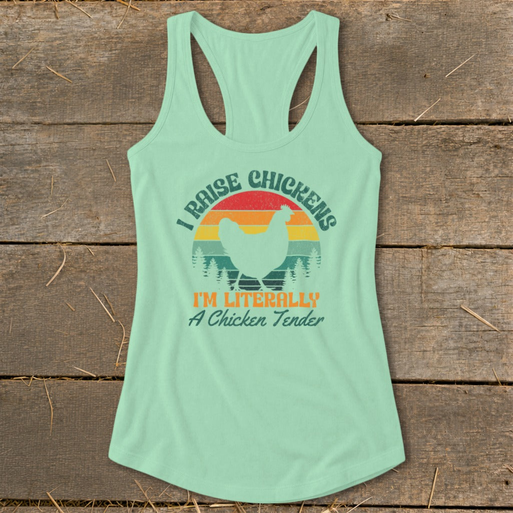 Light green tank top with "I Raise Chickens" and a chicken silhouette graphic.