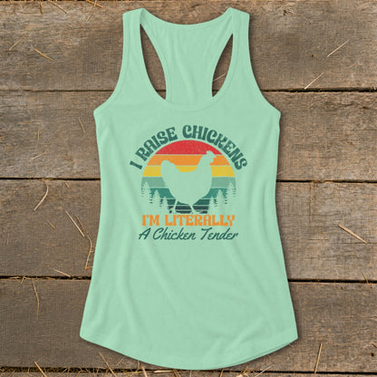 Light green tank top with "I Raise Chickens" and a chicken silhouette graphic.