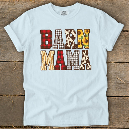 Light blue t-shirt with "BARN MAMA" in patterned letters.