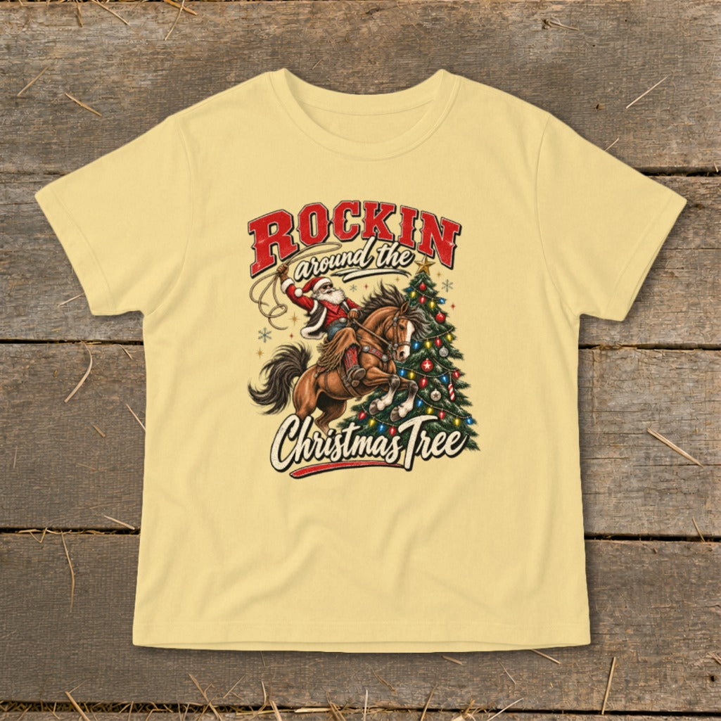 Santa riding a horse with a lasso and Christmas tree, text "Rockin around the Christmas Tree".