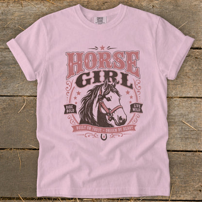 Pink t-shirt with "Horse Girl" text and a horse graphic.