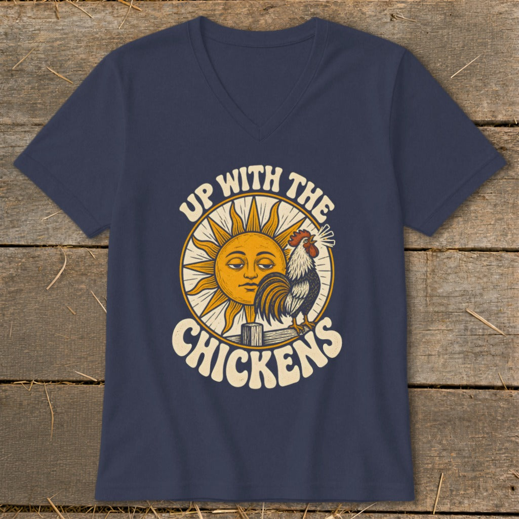 Navy blue v-neck t-shirt featuring a vintage graphic of a sun and rooster with the text Up With The Chickens.
