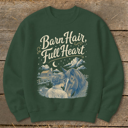 Green sweatshirt with horse and girl illustration and text "Barn Hair, Full Heart".