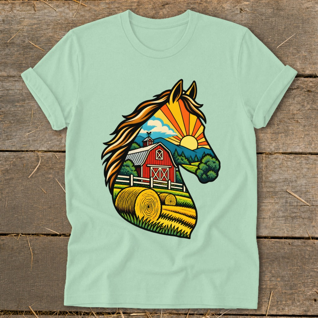 Mint green crewneck t-shirt featuring a colorful graphic of a horse head filled with a farm landscape.