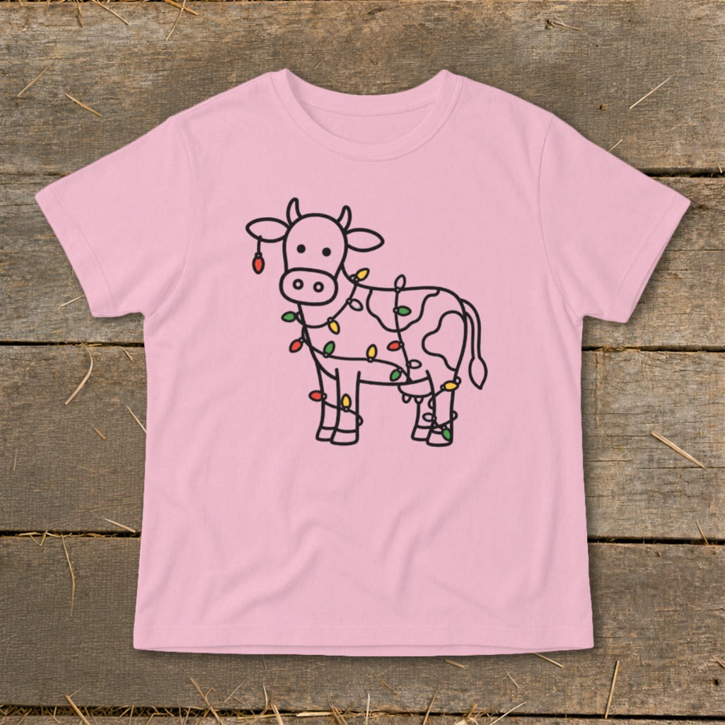 Pink t-shirt with a line drawing of a cow decorated with Christmas lights.