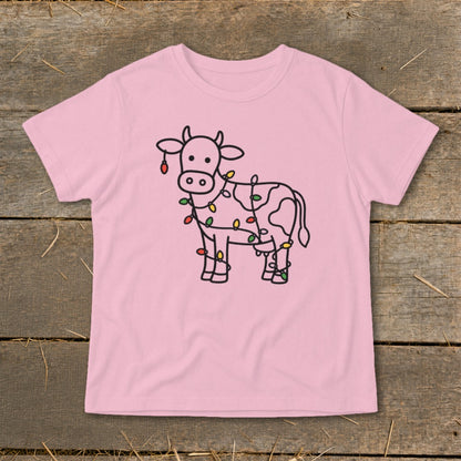 Pink t-shirt with a line drawing of a cow decorated with Christmas lights.