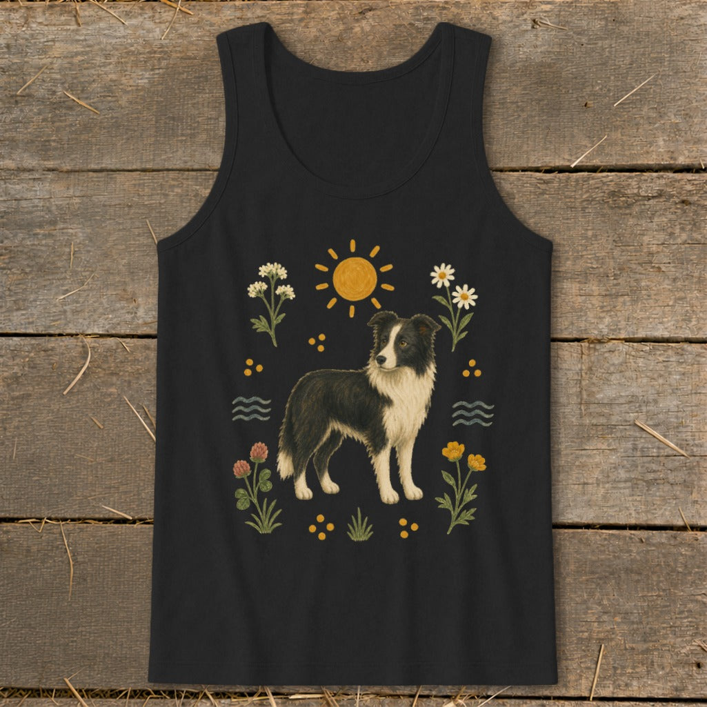 Black tank top with a Border Collie dog illustration and floral design.