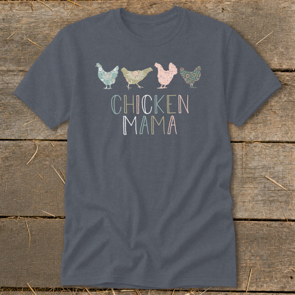 Gray t-shirt with four patterned chickens and the text "CHICKEN MAMA".