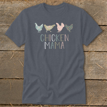 Gray t-shirt with four patterned chickens and the text "CHICKEN MAMA".