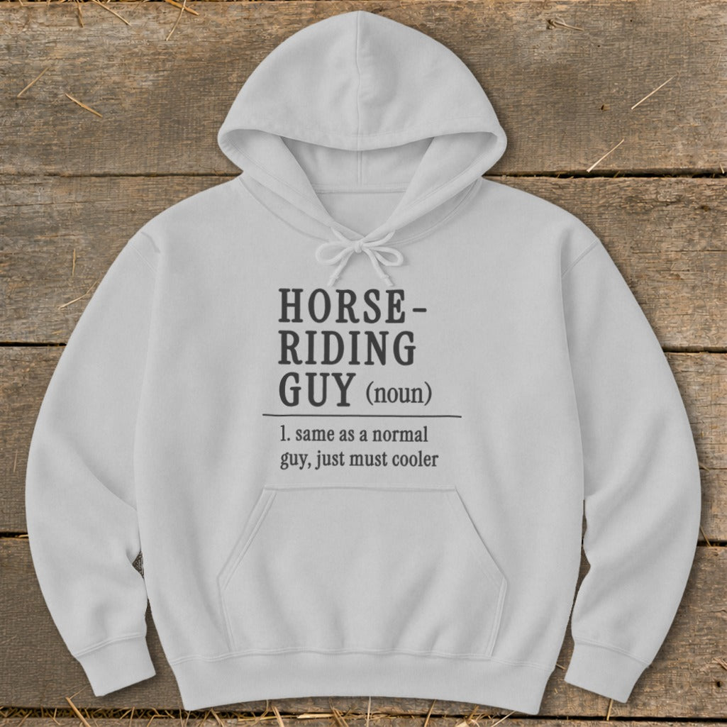 White hoodie with "Horse-Riding Guy (noun)" text definition.