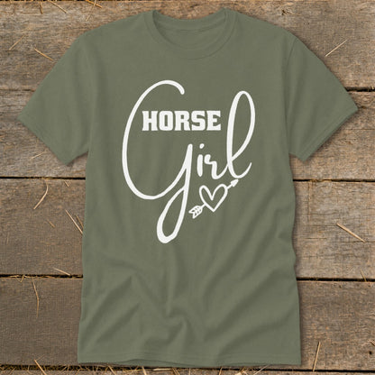 Olive green t-shirt with white "Horse Girl" text and heart design.