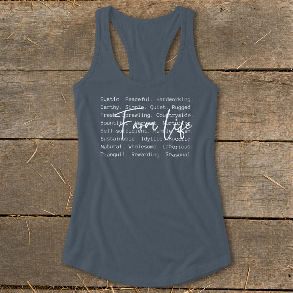 Tank top with white text "Farm Life" and descriptive words.