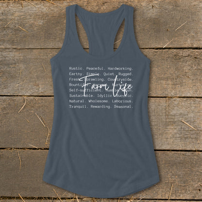 Tank top with white text "Farm Life" and descriptive words.